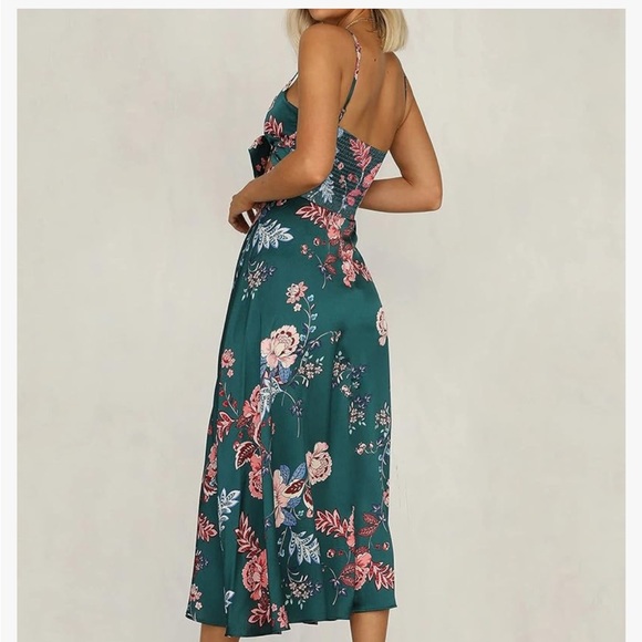 Women’s spaghetti strap midi satin dress with tie front and slit - Picture 5 of 7